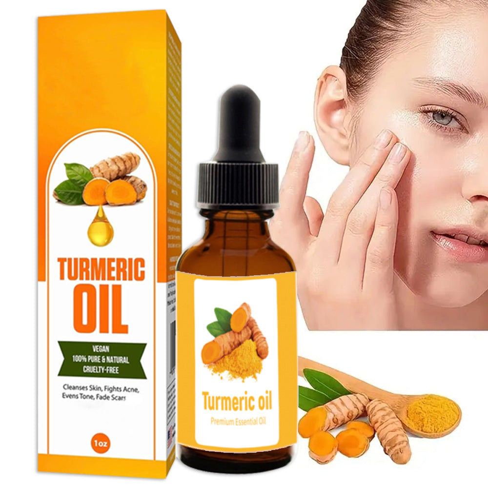 Sérum de Cúrcuma de 30 ml con su caja y mujer aplicándolo en el rostro
